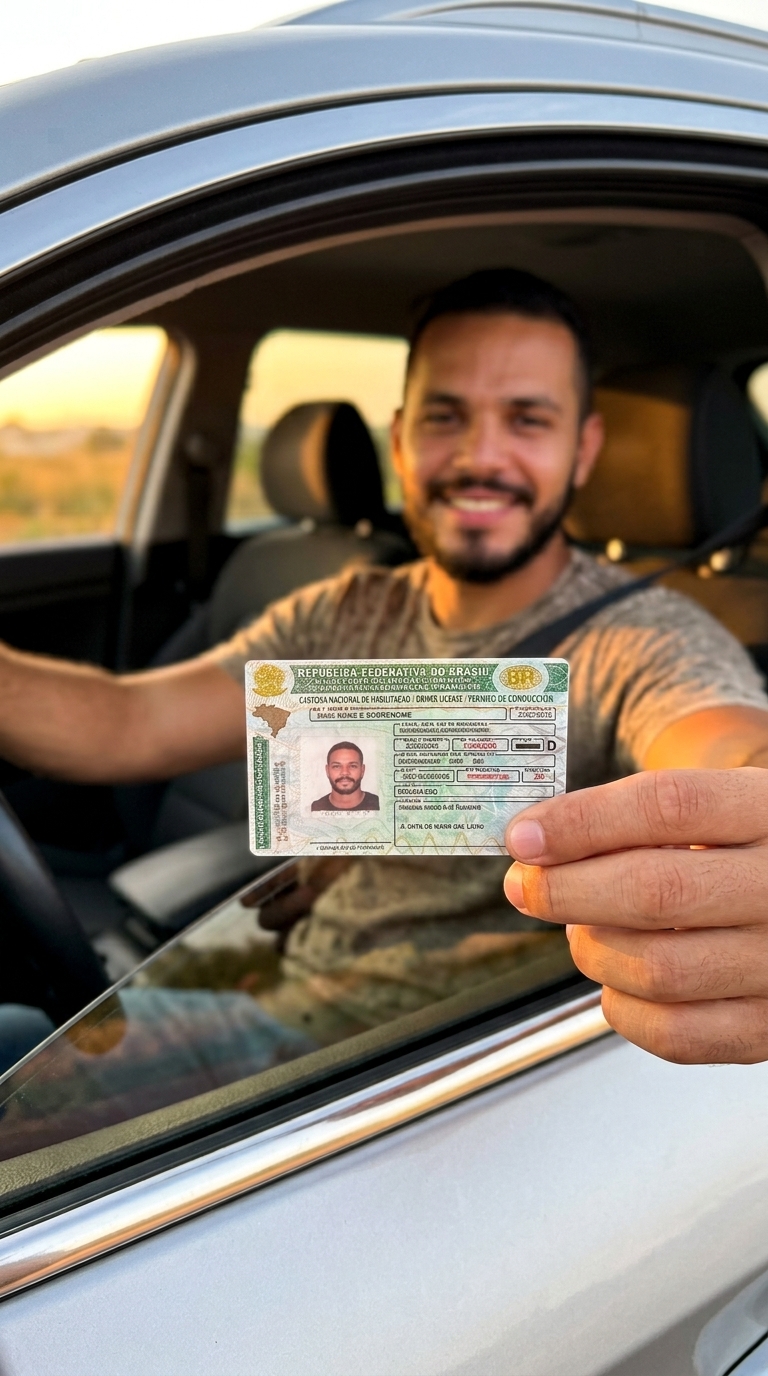 Estudante mostrando a carteira de motorista