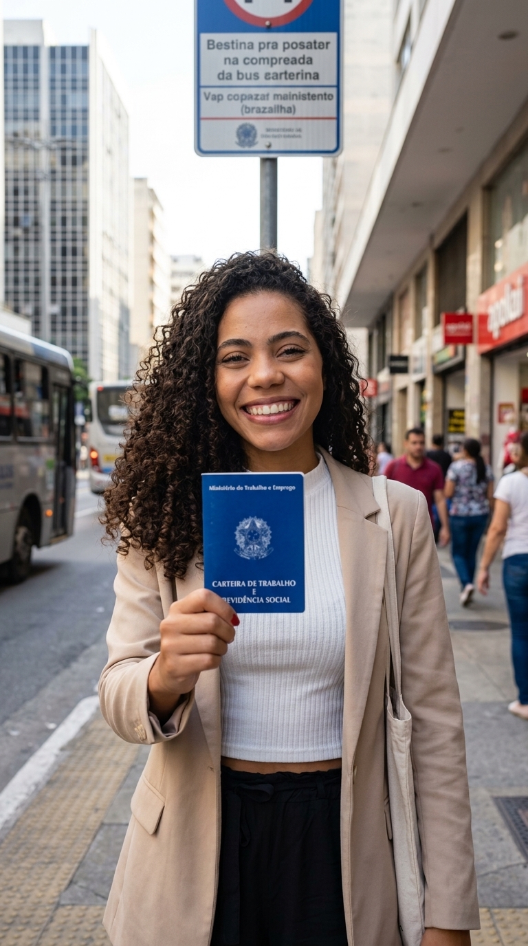 Jovem paraibana com carteira de trabalho nas mãos